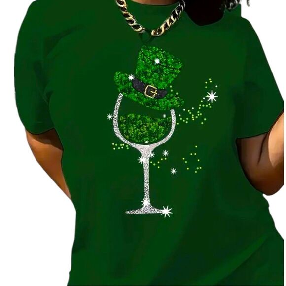 St. Patrick's Day T-Shirt Shamrock Wine Glass - Picture 2 of 13